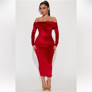 Fashion Nova Off-Shoulder Red Midi Dress